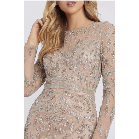 Mac Duggal Cream Silver Beaded Illusion Yoke Long Sleeve Evening #5124 Gown 10 - Picture 5 of 10